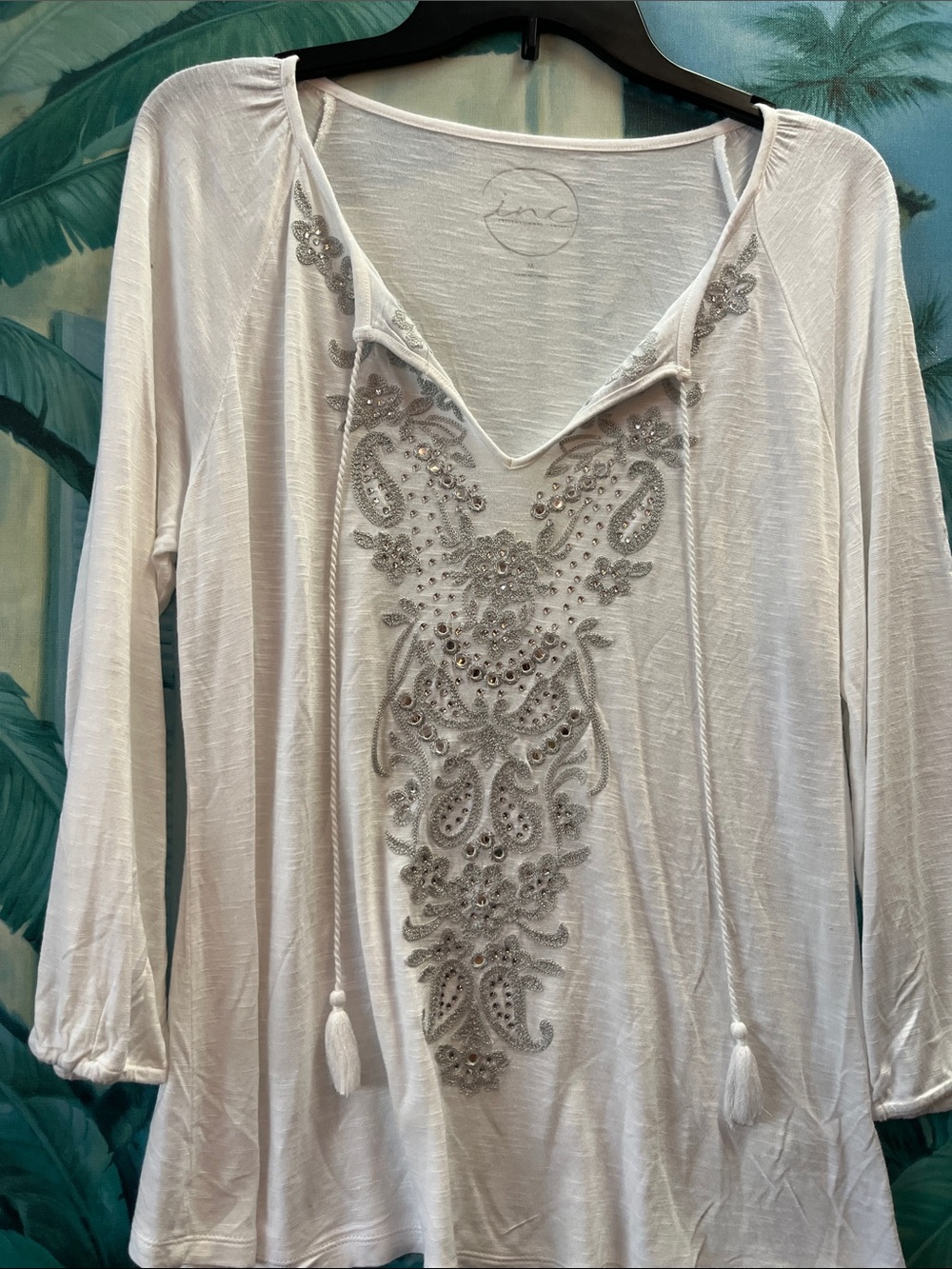 Inc Embellished White Long-Sleeve V-Neck Tunic rhinestones M